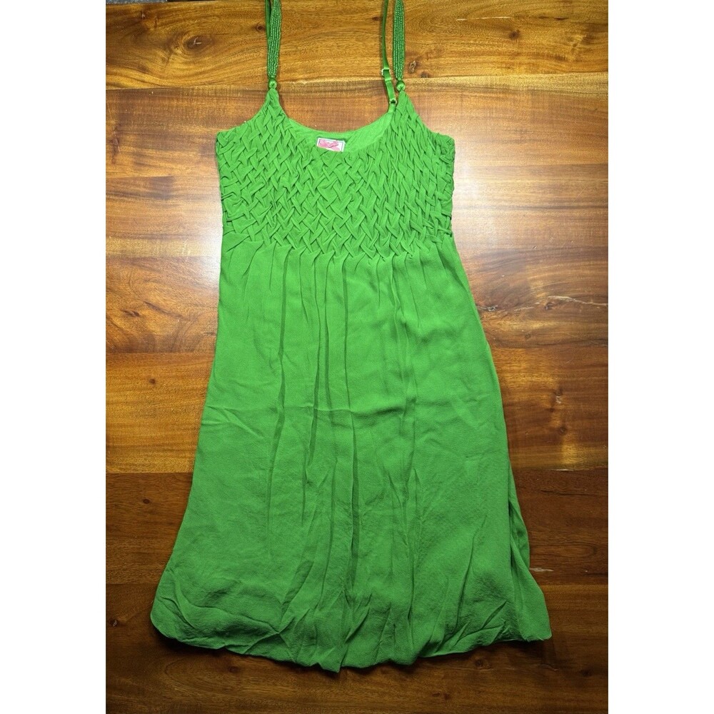 Yoana Baraschi Silk Smocked Dress Size L Green Beaded Straps Silk Crepe Mini